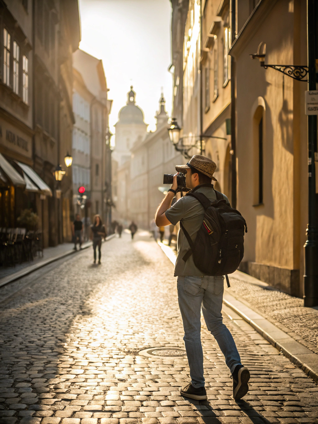 Older traveler exploring a historic site with mobility support