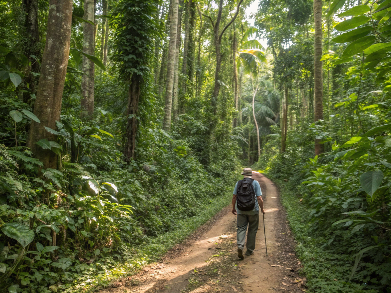 Lush tropical rainforest path with clear walking access