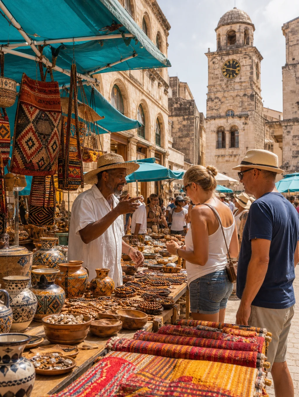 Travelers experiencing vibrant culture in a Mexican town square