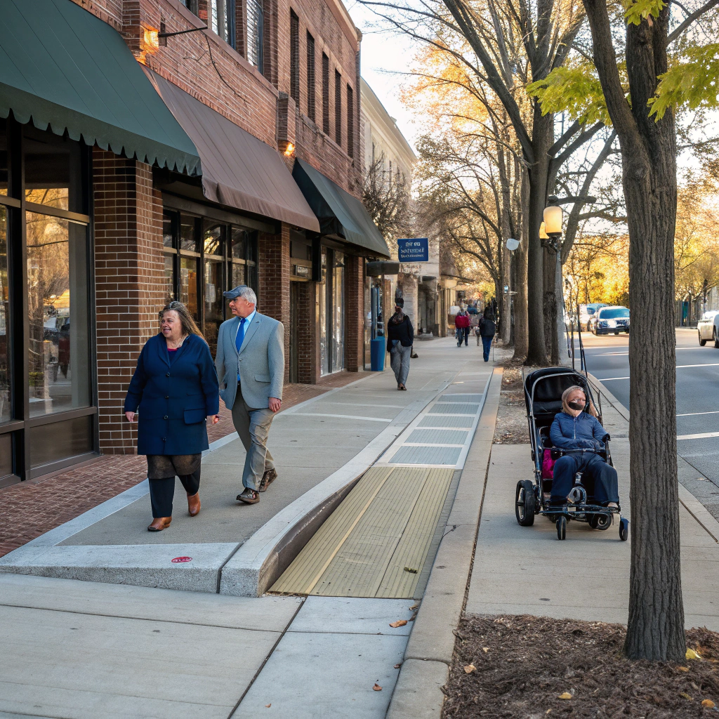 Traveler using a walking aid on a smooth, accessible city street
