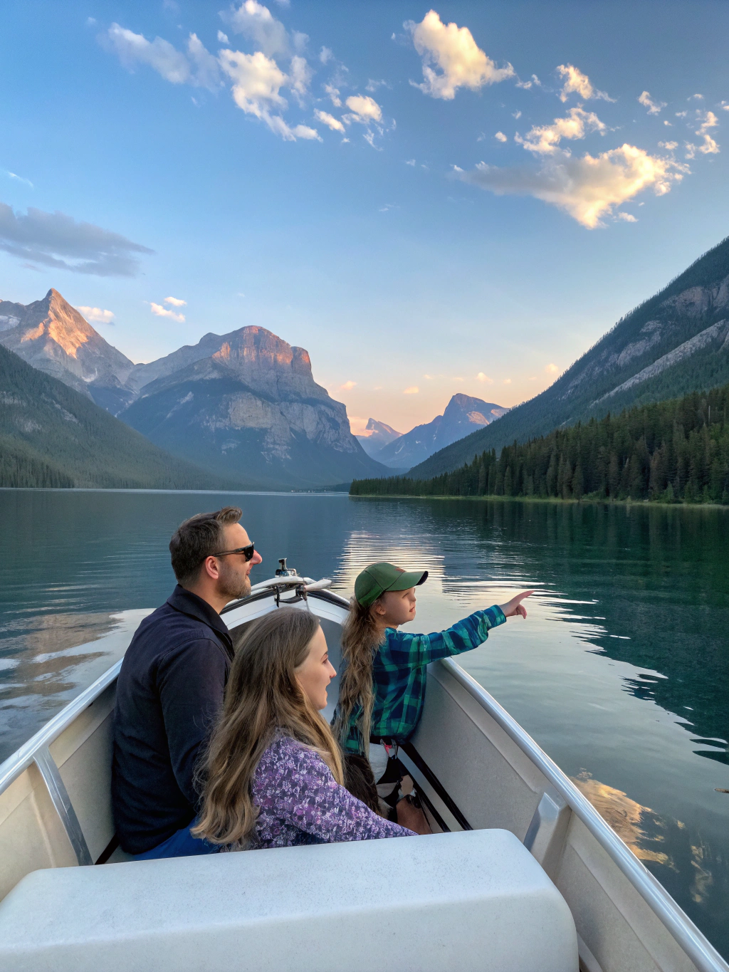 Family group enjoying a gentle boat tour on a calm lake