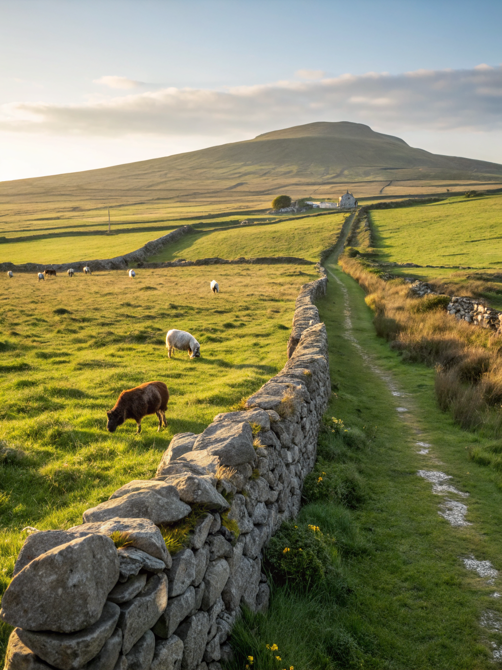 Scenic rolling hills of the Irish countryside with stone walls